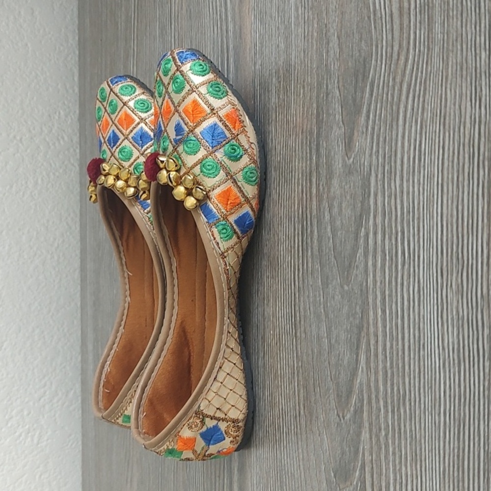 Girls Indian Punjabi Colorful Flat Shoes Bells On Vamp Size 2 Blue Gold Orange - Picture 2 of 13